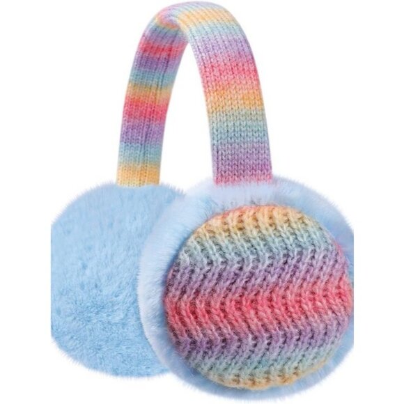 ⚡Kid Rainbow Blue Knitted Rainbow Winter Outdoor Plush Adjustable Warm Ear Muffs - Picture 1 of 9